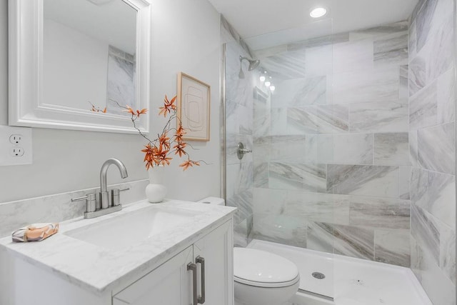 2201 W 74th St, Prairie Village, KS 66208 - full bathroom with vanity, a tile shower, and recessed lighting