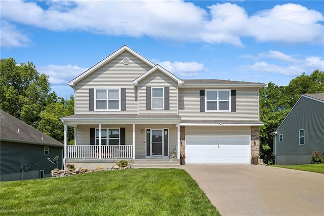 12318 N Wayne Ave, Kansas City, MO 64165 - traditional-style house featuring a porch, concrete driveway, a garage, stone siding, and a front lawn