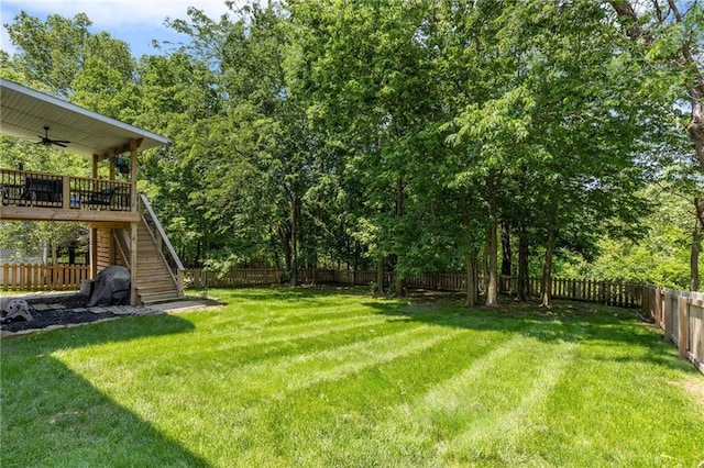 12318 N Wayne Ave, Kansas City, MO 64165 - fenced backyard featuring stairway, ceiling fan, and a wooden deck