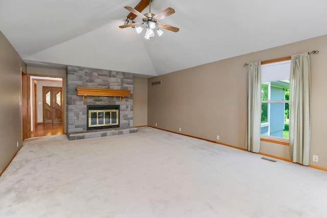 18209 E Moorland St, Pleasant Hill, MO 64080 - unfurnished living room featuring lofted ceiling, ceiling fan, carpet, and a stone fireplace