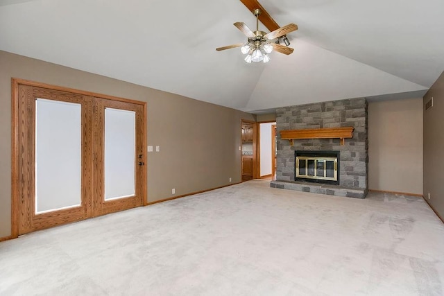 18209 E Moorland St, Pleasant Hill, MO 64080 - unfurnished living room featuring lofted ceiling, carpet floors, a ceiling fan, and a fireplace