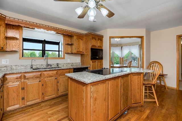 18209 E Moorland St, Pleasant Hill, MO 64080 - kitchen featuring black appliances, light wood-style flooring, light stone countertops, and plenty of natural light