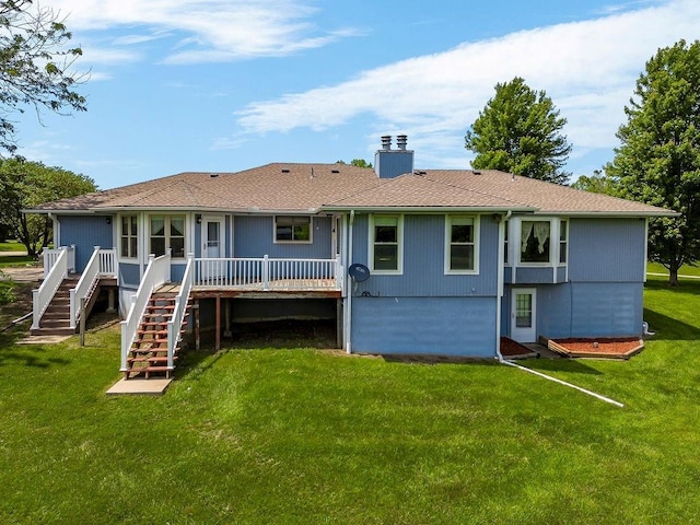 18209 E Moorland St, Pleasant Hill, MO 64080 - rear view of property featuring stairway, a chimney, a deck, and a lawn