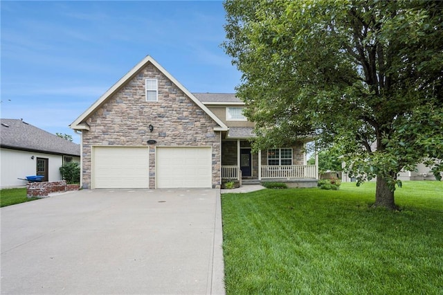1905 160th St, Basehor, KS 66007 - craftsman house with stone siding, covered porch, a front yard, concrete driveway, and a garage