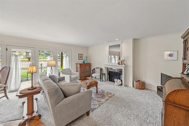 5137 W 75th St, Prairie Village, KS 66208 - living area featuring carpet, a fireplace, and ornamental molding