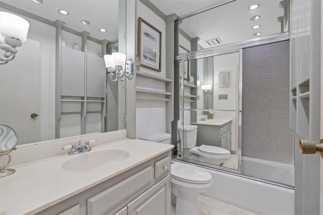 5137 W 75th St, Prairie Village, KS 66208 - bathroom with vanity, shower / bath combination with glass door, recessed lighting, and tile patterned flooring