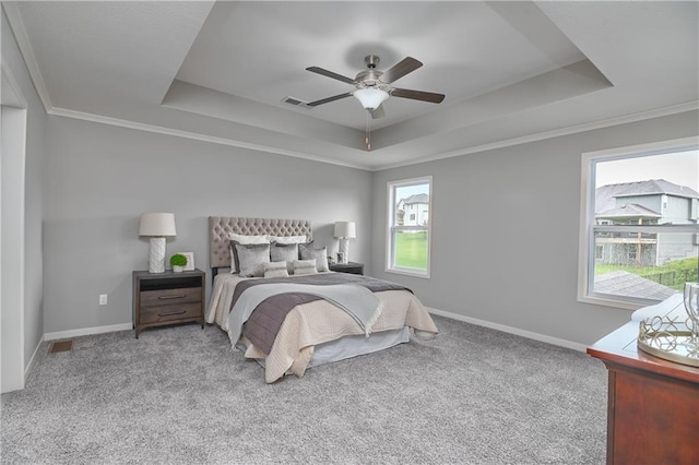 6102 Lewis Dr, Shawnee, KS 66226 - bedroom with a tray ceiling, carpet, ceiling fan, and crown molding