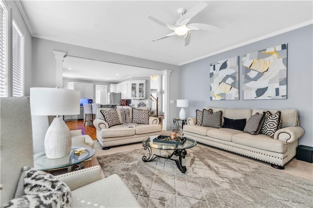 8007 W 131st Ter, Overland Park, KS 66213 - living room with ornamental molding, ceiling fan, ornate columns, and recessed lighting