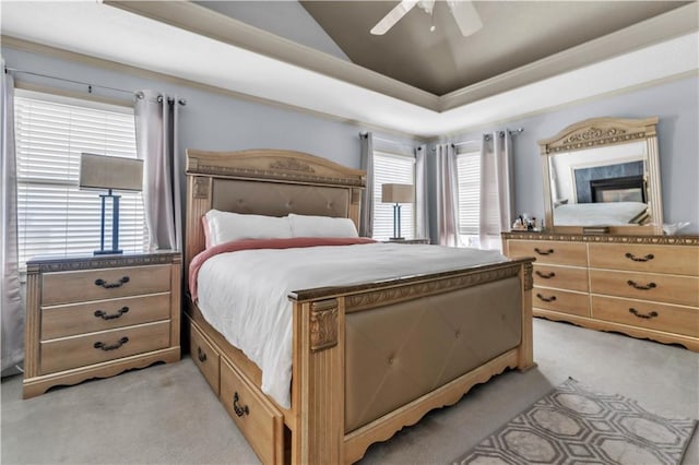 8007 W 131st Ter, Overland Park, KS 66213 - bedroom with light carpet, ceiling fan, a raised ceiling, and vaulted ceiling