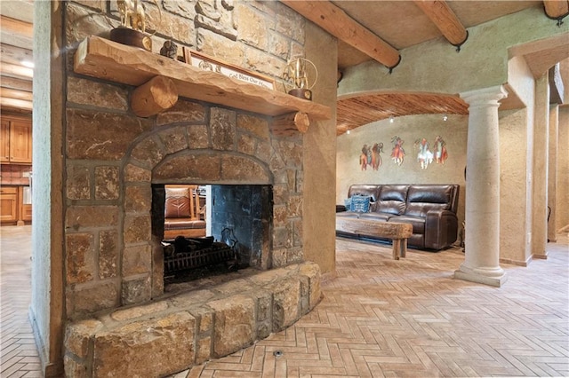 12635 W 183rd St, Overland Park, KS 66013 - interior space featuring ornate columns, a fireplace, and beamed ceiling
