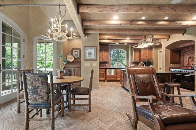12635 W 183rd St, Overland Park, KS 66013 - dining room with a chandelier, beam ceiling, and recessed lighting