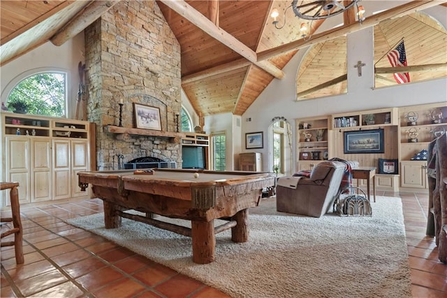 12635 W 183rd St, Overland Park, KS 66013 - rec room featuring a wood ceiling with exposed beams, a fireplace, high vaulted ceiling, billiards table, and tile patterned floors