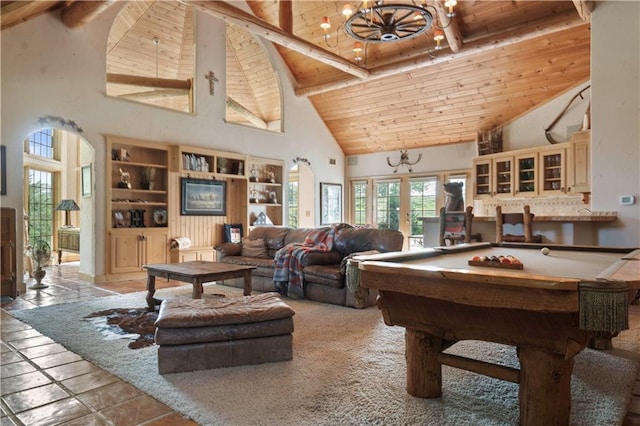 12635 W 183rd St, Overland Park, KS 66013 - rec room featuring high vaulted ceiling, a wood ceiling with exposed beams, a chandelier, and pool table