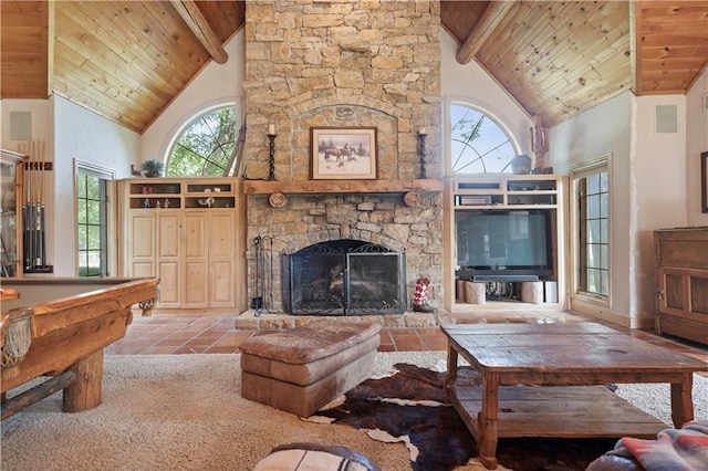 12635 W 183rd St, Overland Park, KS 66013 - tiled living area featuring high vaulted ceiling, a wooden ceiling with exposed beams, a fireplace, and pool table