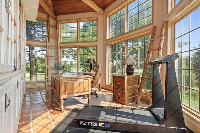 12635 W 183rd St, Overland Park, KS 66013 - sunroom with high vaulted ceiling and a wood ceiling with exposed beams