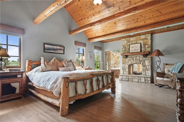 12635 W 183rd St, Overland Park, KS 66013 - bedroom with hardwood / wood-style flooring, wood ceiling, and a fireplace