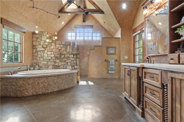 12635 W 183rd St, Overland Park, KS 66013 - bathroom featuring vanity, a garden tub, and high vaulted ceiling
