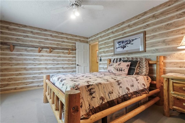 12635 W 183rd St, Overland Park, KS 66013 - bedroom with log walls, carpet flooring, a textured ceiling, and ceiling fan