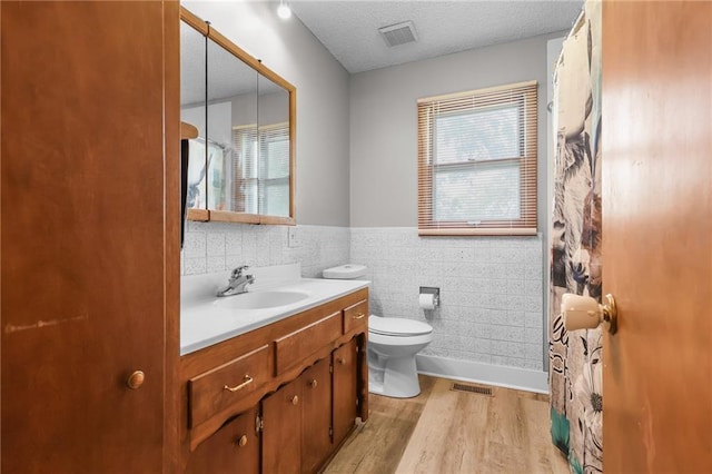 39103 New Lancaster Rd, Lacygne, KS 66040 - bathroom featuring vanity, wood finished floors, tile walls, wainscoting, and a textured ceiling