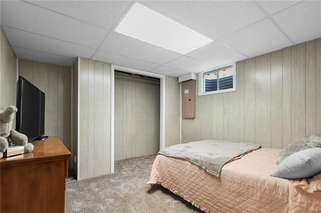 39103 New Lancaster Rd, Lacygne, KS 66040 - bedroom featuring carpet flooring, a paneled ceiling, a closet, and wooden walls