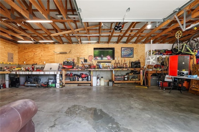 39103 New Lancaster Rd, Lacygne, KS 66040 - garage featuring a workshop area and a garage door opener