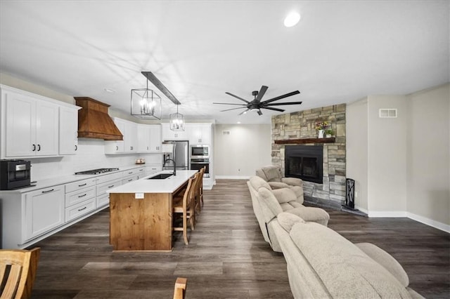 6401 SE Hamilton Rd, Holt, MO 64048 - kitchen featuring custom range hood, stainless steel appliances, open floor plan, a ceiling fan, and an island with sink