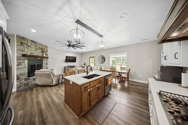 6401 SE Hamilton Rd, Holt, MO 64048 - kitchen featuring range hood, a fireplace, stainless steel appliances, light countertops, and recessed lighting