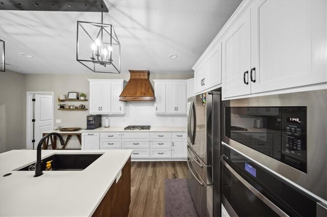 6401 SE Hamilton Rd, Holt, MO 64048 - kitchen featuring stainless steel appliances, premium range hood, dark wood-type flooring, white cabinets, and light countertops