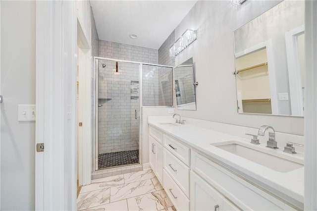 23506 E 10th St S, Independence, MO 64056 - full bath with a stall shower, double vanity, and marble look tile flooring