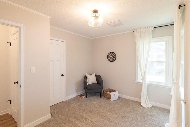 319 E 12th St, Ottawa, KS 66067 - living area featuring carpet, crown molding, and a textured ceiling