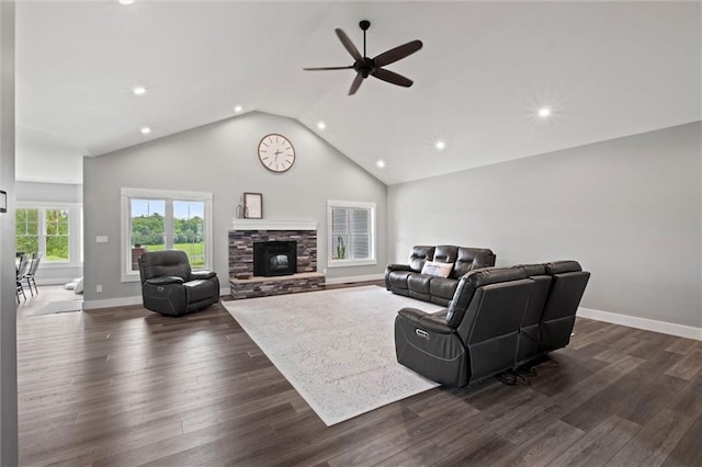 6417 County Road 10508th Rd, Rich Hill, MO 64779 - living area with a ceiling fan, recessed lighting, dark wood finished floors, a fireplace, and high vaulted ceiling