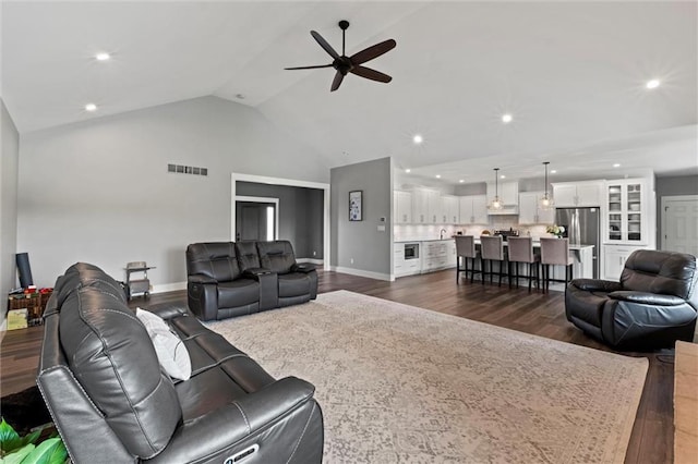 6417 County Road 10508th Rd, Rich Hill, MO 64779 - living area featuring a ceiling fan, dark wood-type flooring, recessed lighting, and high vaulted ceiling