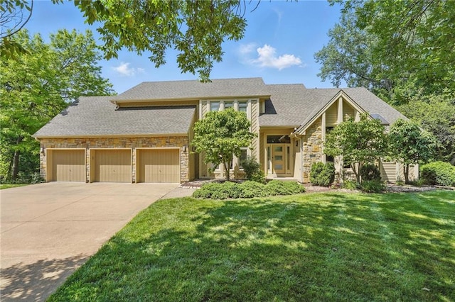 6112 N Mattox Rd, Kansas City, MO 64151 - view of front of property featuring stone siding, a garage, driveway, a front lawn, and roof with shingles