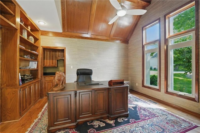 6112 N Mattox Rd, Kansas City, MO 64151 - office featuring light wood-style flooring, lofted ceiling, a ceiling fan, and wood ceiling