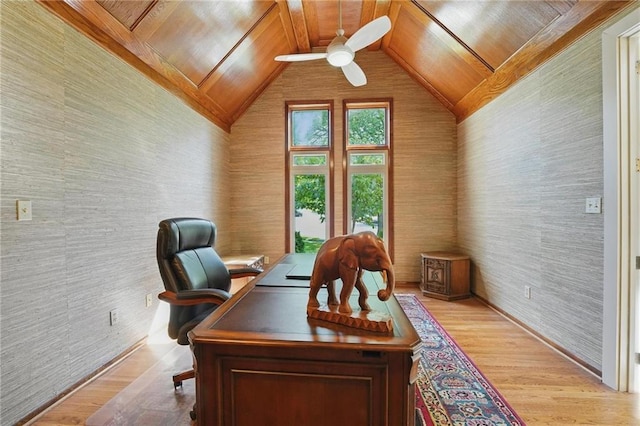 6112 N Mattox Rd, Kansas City, MO 64151 - office space with wood ceiling, ceiling fan, light wood-type flooring, and vaulted ceiling