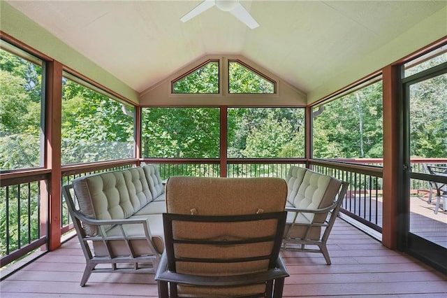 6112 N Mattox Rd, Kansas City, MO 64151 - sunroom / solarium featuring ceiling fan, an outdoor living space, and vaulted ceiling