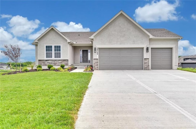 6045 Apache Dr, Shawnee, KS 66226 - ranch-style home featuring a garage, stucco siding, concrete driveway, and a front yard