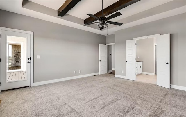 6045 Apache Dr, Shawnee, KS 66226 - unfurnished bedroom featuring beamed ceiling, carpet flooring, and ensuite bathroom
