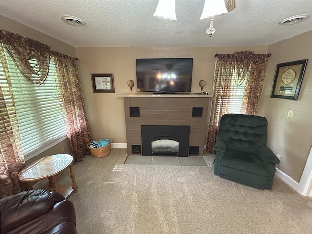 1047 N Lynn St, Nevada, MO 64772 - living area with a textured ceiling, carpet, and a fireplace