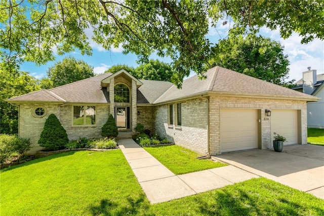 503 Amesbury Dr, Smithville, MO 64089 - view of front facade with brick siding, a front yard, a shingled roof, and an attached garage