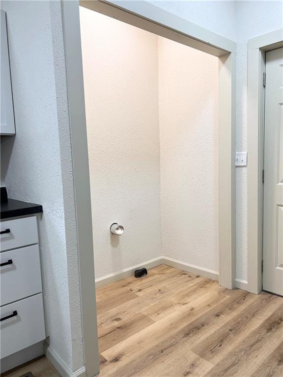 112 N High St, Butler, MO 64730 - laundry area with light wood-type flooring and a textured wall