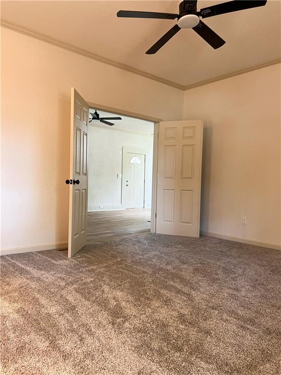 112 N High St, Butler, MO 64730 - spare room featuring ornamental molding, carpet flooring, and a ceiling fan