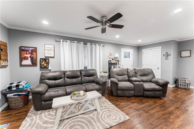 505 S Magdalena St, Concordia, MO 64020 - living room featuring recessed lighting, a ceiling fan, dark wood-type flooring, and crown molding