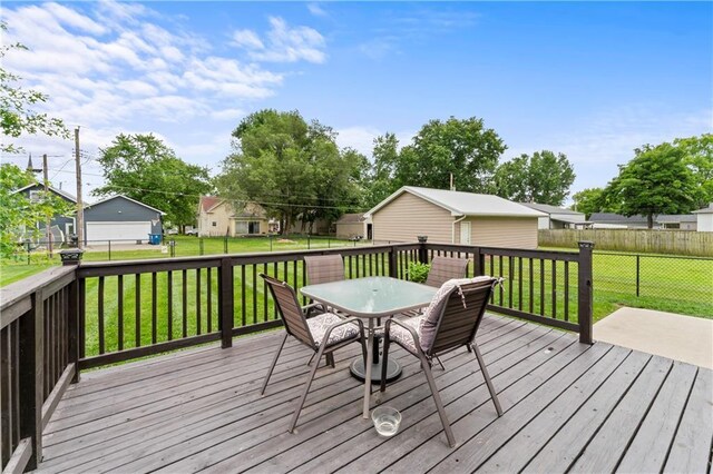 505 S Magdalena St, Concordia, MO 64020 - wooden terrace featuring a fenced backyard, outdoor dining area, and a residential view