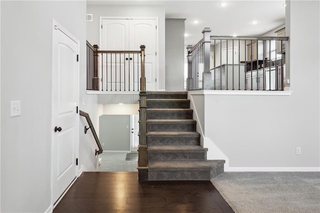 11704 N Laurel Ave, Kansas City, MO 64157 - staircase featuring baseboards and recessed lighting