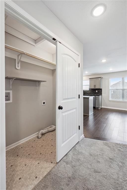 11704 N Laurel Ave, Kansas City, MO 64157 - laundry area with hookup for an electric dryer, dark carpet, and recessed lighting