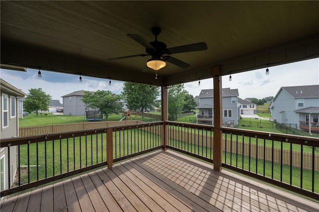 11704 N Laurel Ave, Kansas City, MO 64157 - wooden deck with a residential view, a ceiling fan, and a fenced backyard