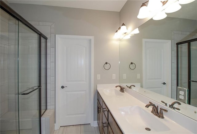 3718 NE 90th Ter, Kansas City, MO 64156 - full bath with a shower stall, double vanity, and tile patterned flooring