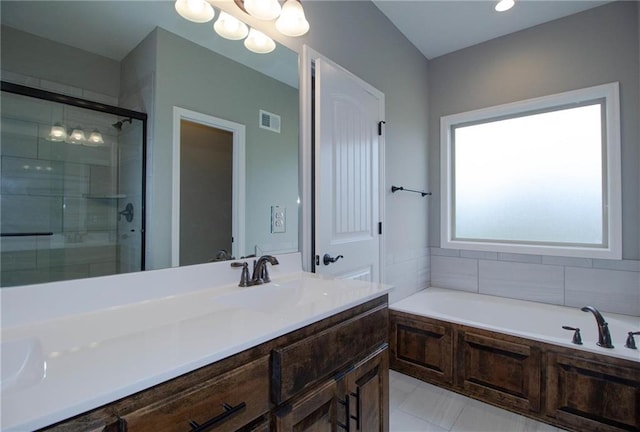 3718 NE 90th Ter, Kansas City, MO 64156 - full bath featuring a bath, a shower stall, vanity, and tile patterned flooring