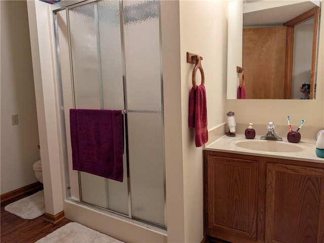 413 Quail Trl, Warrensburg, MO 64093 - bathroom featuring a shower stall, vanity, and wood finished floors